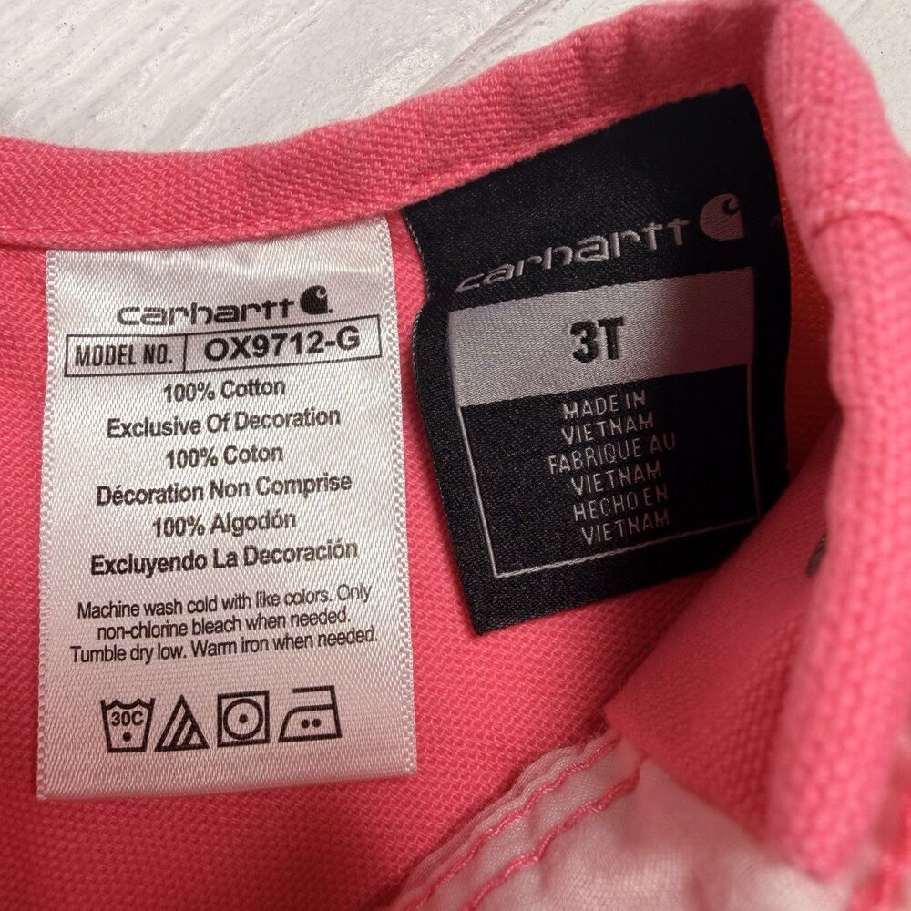 Carhartt Girls Loose Fit Canvas Bib Overalls Pink Lemonade 3T Workwear Kids - Picture 3 of 12